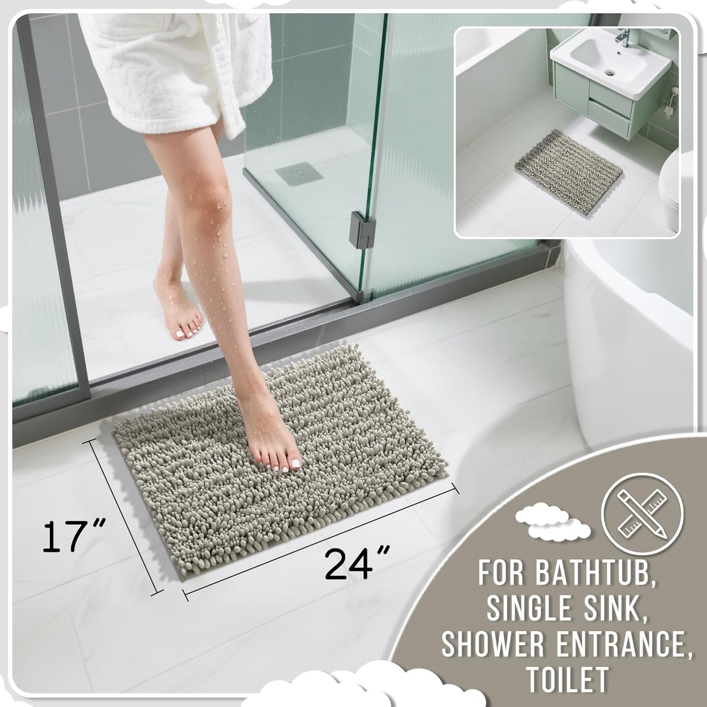 Yimobra Bathroom Rugs Non Slip Washable - Ultra Soft Absorbent Chenille Bath Mat, Quick Dry Shaggy Floor Carpet for Tub Shower, Gray Home Decor Accessories, 24x17 Inch