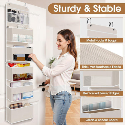 WISELIFE Over The Door Organizer Storage with 4 Large Pockets Door Hanging Organizer with Clear Windows behind The Door Storage for Nursery Bedroom Bathroom Pantry Closet and Baby Essentials Dark Grey