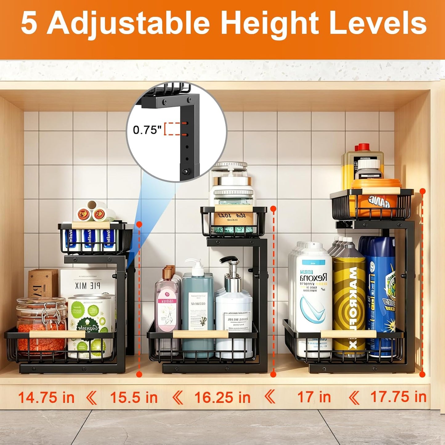 REALINN Under Sink Organizer, 2 Pack Height Adjustable Under Sink Organizers and Storage, 2 Tier Pull Out Drawer Cabinet Storage for Kitchen Bathroom, White