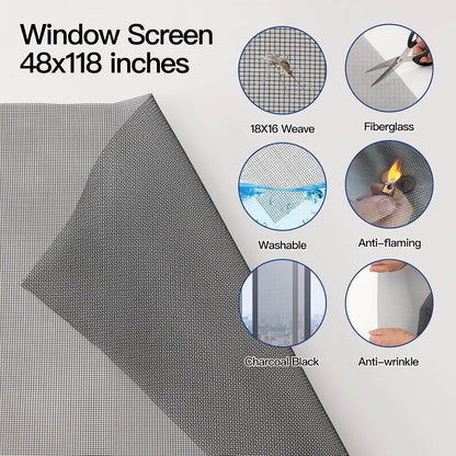 Window Screen Door Repair Kit Include Window Screens Mesh 48"x114" with All Tools in Window Screen Replacement(Screen Rollers, Splines, Hook), Yolovit