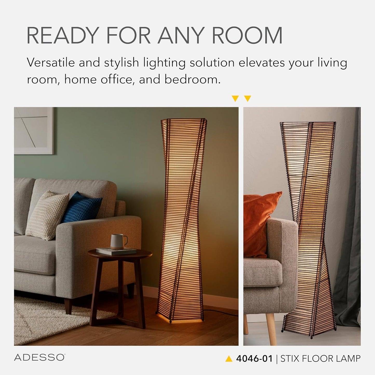 Adesso Stix Floor Lantern – Twisted Square Black and Beige Base, Transitional Two Light Floor Lamp for Bedroom, Home Office Lighting, or Living Room Décor, 50” x 9.5”