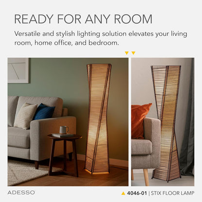 Adesso Stix Floor Lantern – Twisted Square Black and Beige Base, Transitional Two Light Floor Lamp for Bedroom, Home Office Lighting, or Living Room Décor, 50” x 9.5”