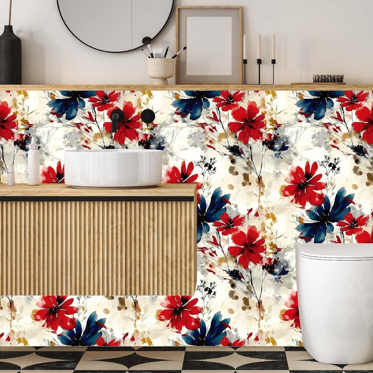 Red Watercolor Floral Peel and Stick Wallpaper Removable Self Adhesive Floral Wall Covering for Living Room Bedroom Accent Wall 17.7 x 70.8 in