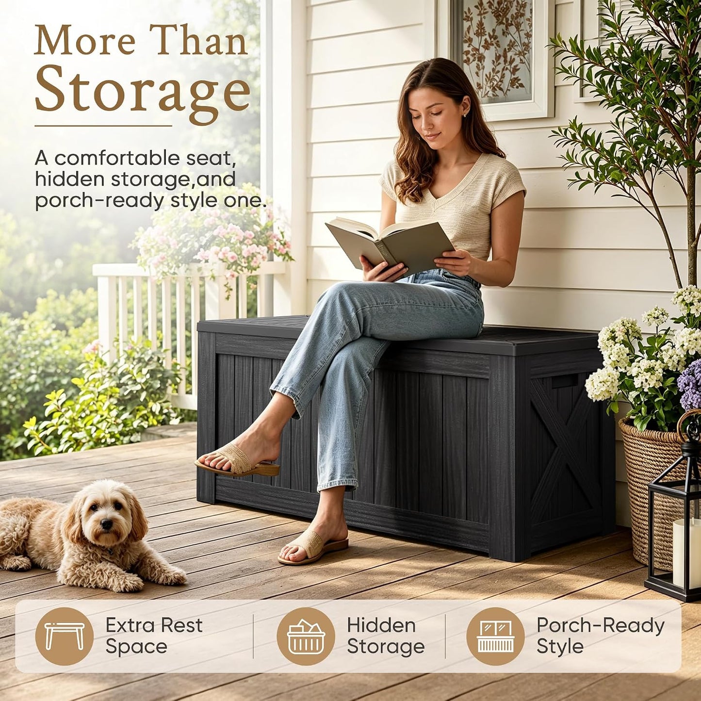 Devoko 120 Gallon Deck Box Resin Outdoor Storage Box Waterproof for Patio, Large Outdoor Storage Bench Lockable for Outside (Black)