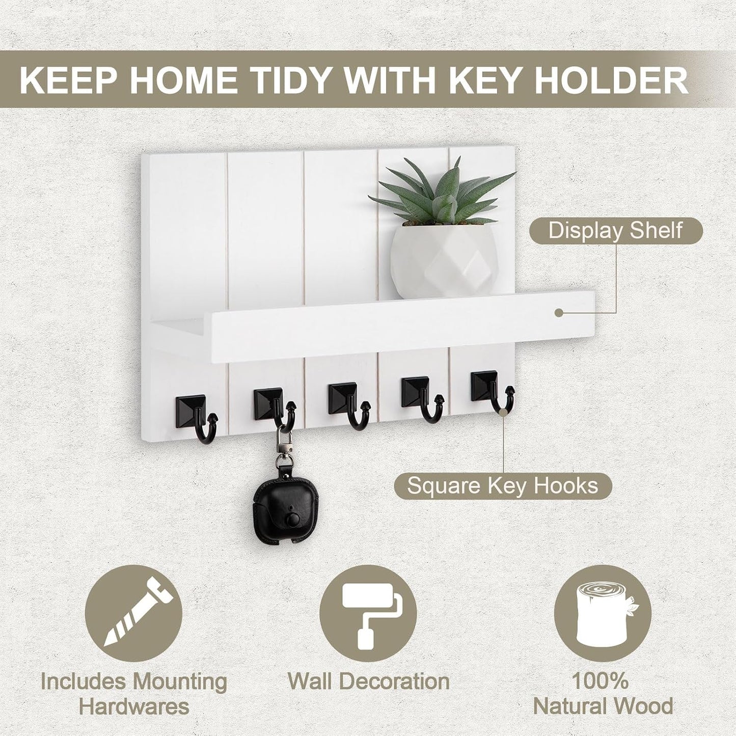 Key Holder for Wall, Decorative Key Holder with Shelf, Key and Mail Holder Wall Mount, Farmhouse Decor with 5 Key Hooks for Keys, Coats, ect.