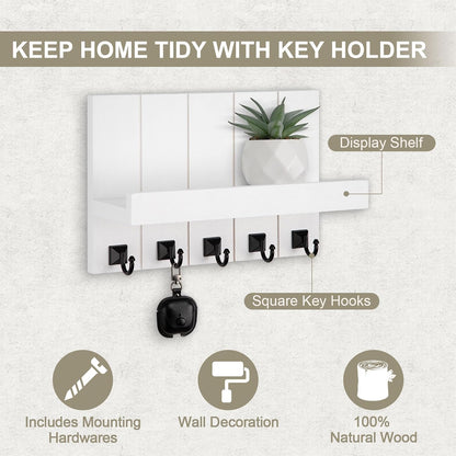 Key Holder for Wall, Decorative Key Holder with Shelf, Key and Mail Holder Wall Mount, Farmhouse Decor with 5 Key Hooks for Keys, Coats, ect.