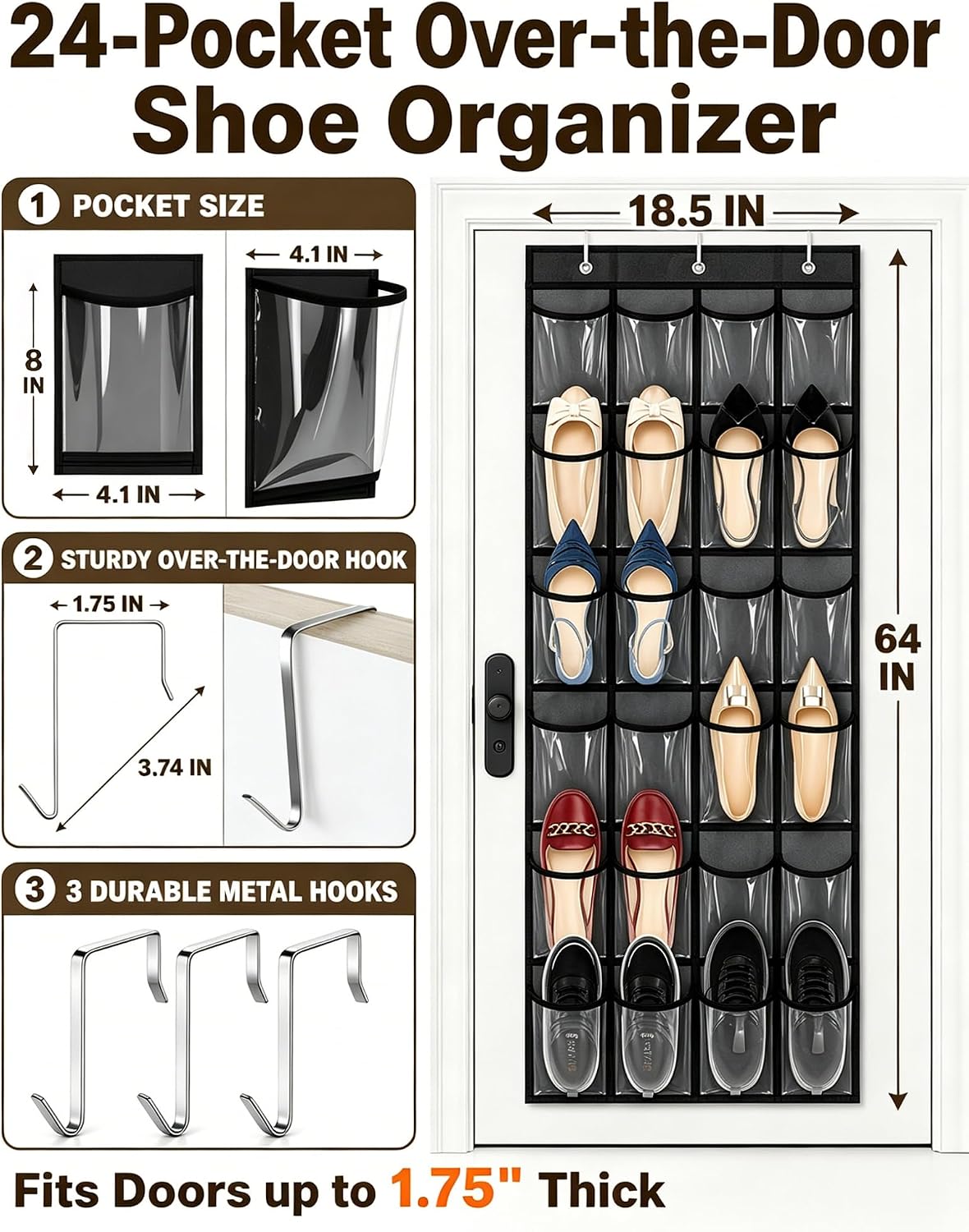 Over the Door Shoe Organizer with 24 Crystal Clear Pockets and Metal Hooks – Heavy Duty Hanging Shoe Storage Rack for Closet, Bathroom, Dorm – Space Saving for Shoes, Accessories, Toys (White)