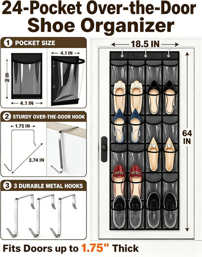 Over the Door Shoe Organizer with 24 Crystal Clear Pockets and Metal Hooks – Heavy Duty Hanging Shoe Storage Rack for Closet, Bathroom, Dorm – Space Saving for Shoes, Accessories, Toys (White)
