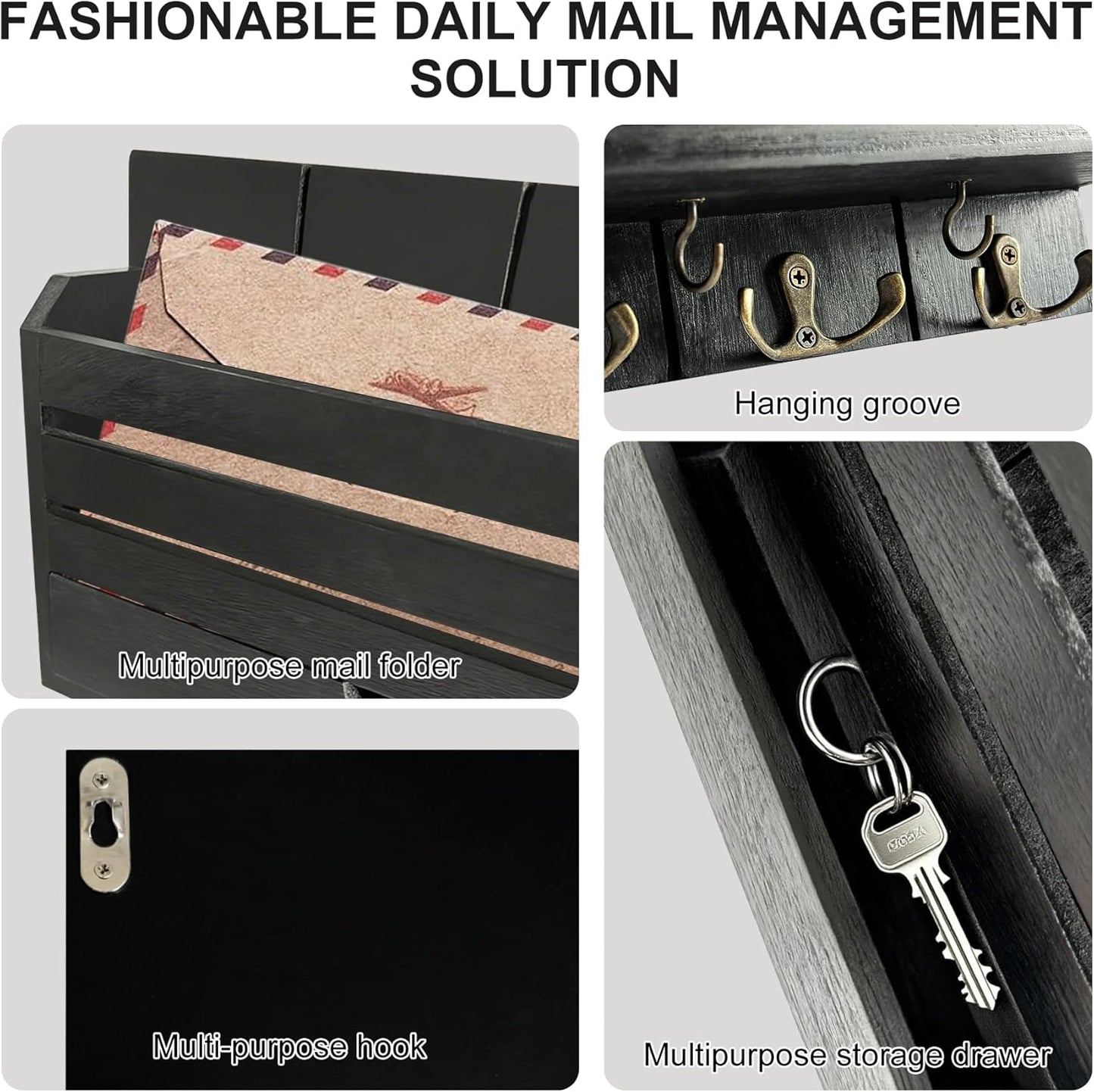 Brown Wall Key Rack Multi Hooks Entryway Storage Box | Entryway Wall Decor Key and Mail Rack, Functional Storage Solution for Bedroom, Office & Apartment