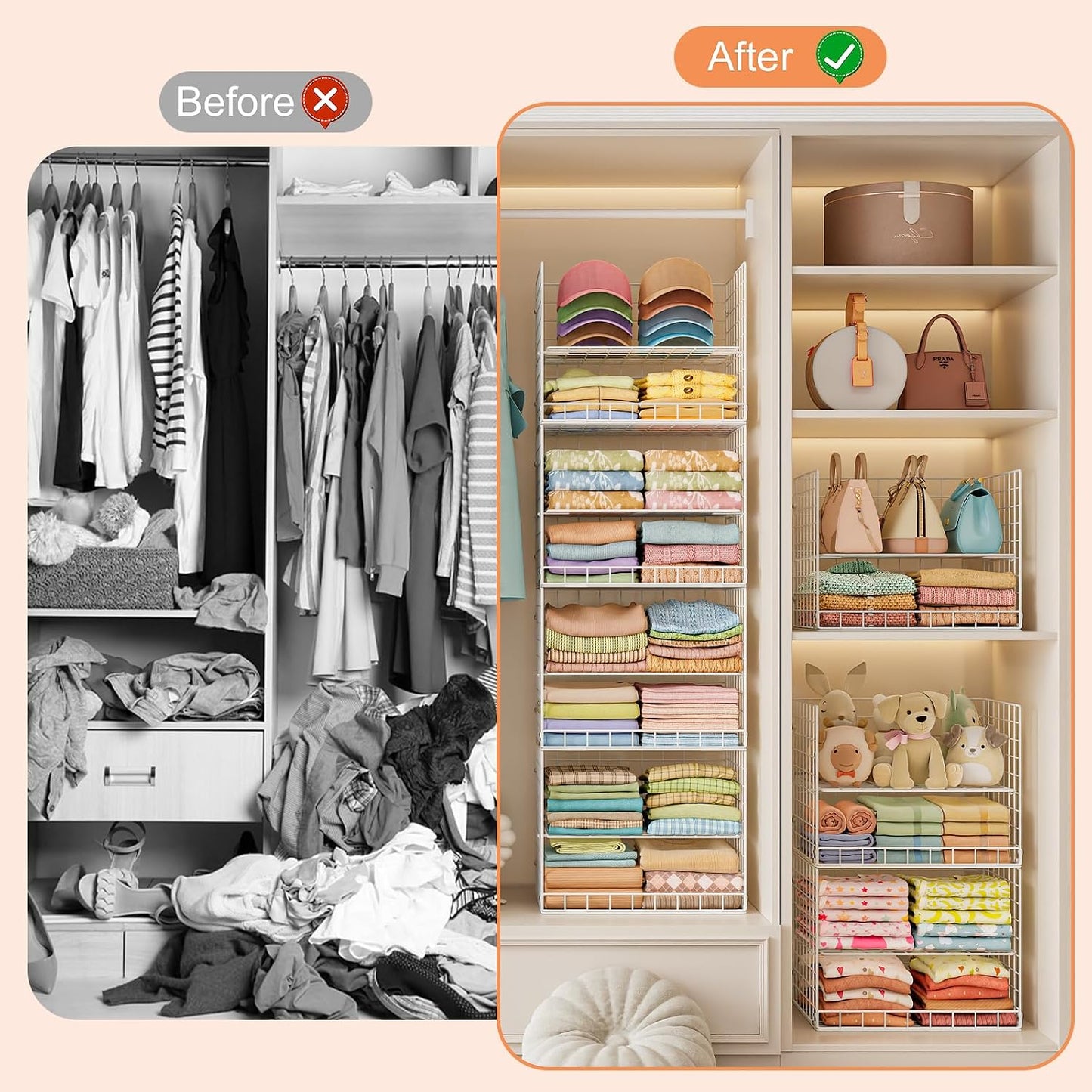 Yuyetuyo 5 Tier Closet Hanging Organizer and Storage Separable Hanging Closet Shelves with 4 Hooks 2 Adjustable Dividers, Wire Storage Basket Bins for Clothing Sweaters Socks Dolls Handbags, Foldable