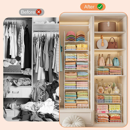 8 Tier Extended Width Hanging Closet Organizer, Sweater Storage for Closet Organizer System, Stackable Wire Basket Bins for Clothes Purse Shoes, Hanging Shelves with 4 Hooks & 4 Dividers Adjustable