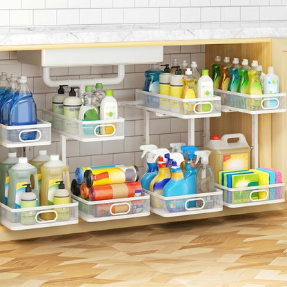 Under Sink Organizer 2-Pack, Metal 2-Tier Pull-Out Cabinet Shelf with Slide-Out Mesh Drawers, Height Adjustable, Space-Saving Under Sink Storage Racks for Kitchen, Bathroom, Laundry Room