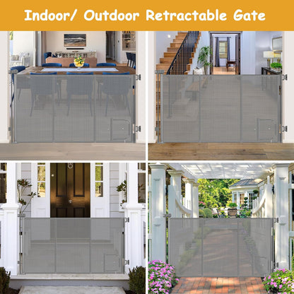 Reinforced 60” Wide Retractable Pet Gate with Cat Door Mesh Baby Gate for Stairs with Reinforced Strips Retractable Dog Gates with Cat Door Mesh Dog Gates for Doorways Separating Dogs from Cats, White