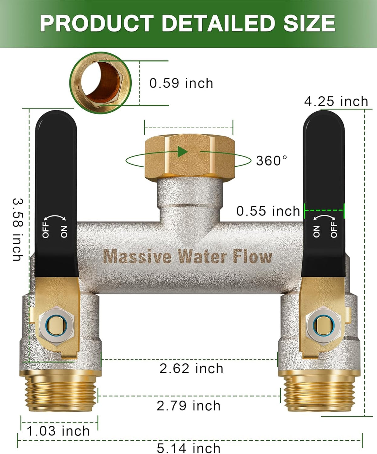Hose Splitter 2 Way Heavy Duty, Garden Hose Splitter with 304 Stainless Steel Long Handle, Full Flow Brass Nickel Plated Water Hose T Spigot Splitter Adapter Connector, 3/4 - Inch GHT Thread (Blue)