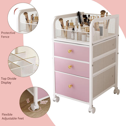 Rolling Makeup Organizer Cart with 3 Drawers, Under Desk Vanity Makeup Storage Cart, Bathroom Storage Cart Cosmetic Display Cases Cabinet for Nail Polish, Brushes & Hair Tools, Gold