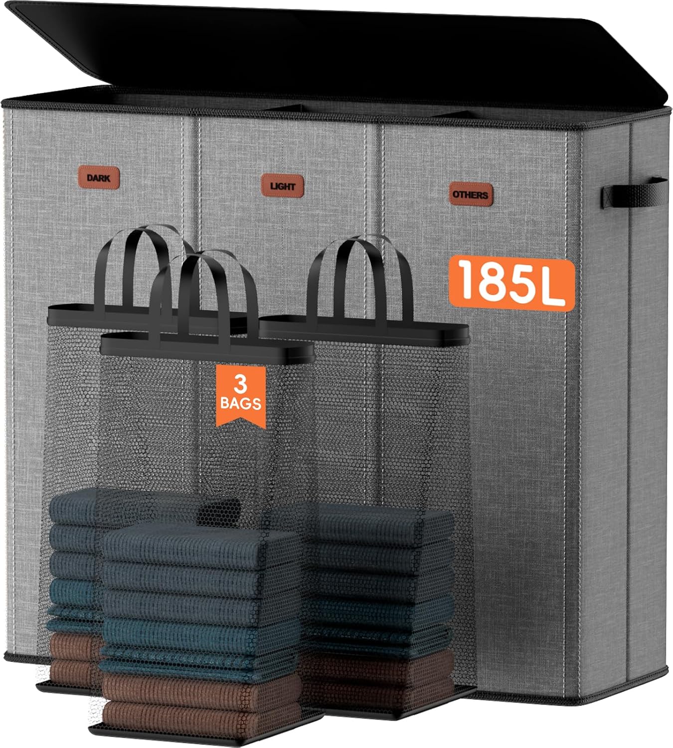 185L Laundry Hamper 3 Section, Laundry Hamper with Lid, Dirty Clothes Hamper with 3 Removable Washing Bags, Extra Large Laundry Basket Organizer for Bedroom, Laundry Room, Dorm - Black
