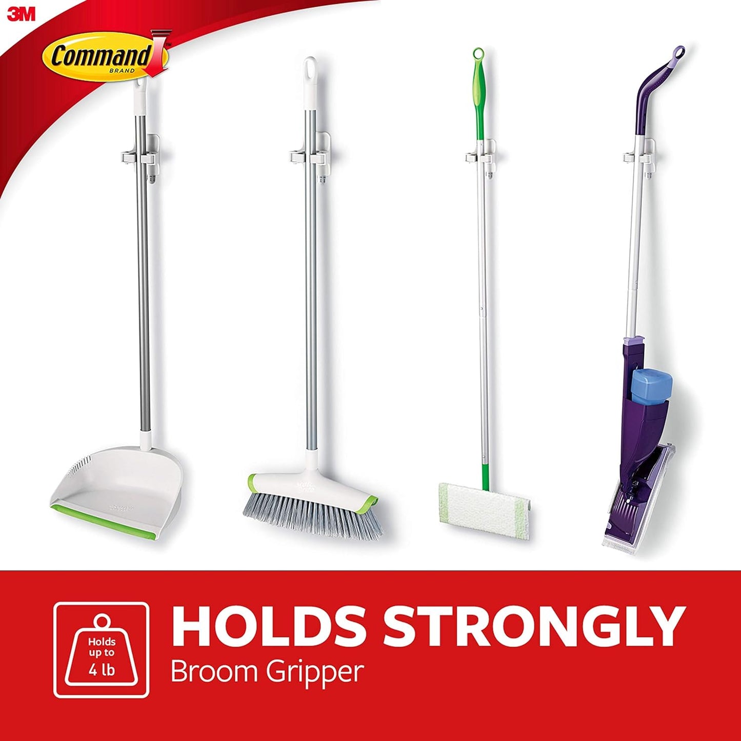 Command Broom Grippers, 2 Hangers and 4 Strips, Damage-Free Mop and Broom Holder Wall Mount, Household Cleaning Tool Organizer for Kitchen, Laundry Room, Closet, Holds up to 4 lb