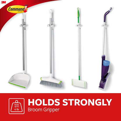 Command Broom Grippers, 2 Hangers and 4 Strips, Damage-Free Mop and Broom Holder Wall Mount, Household Cleaning Tool Organizer for Kitchen, Laundry Room, Closet, Holds up to 4 lb
