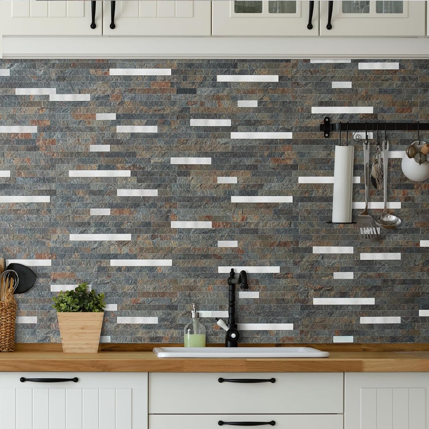AULIGET 20 Sheets Peel and Stick Backsplash, Black & Grey Wood Look PVC Mixed Metal Stick on Backsplash Tiles for Kitchen