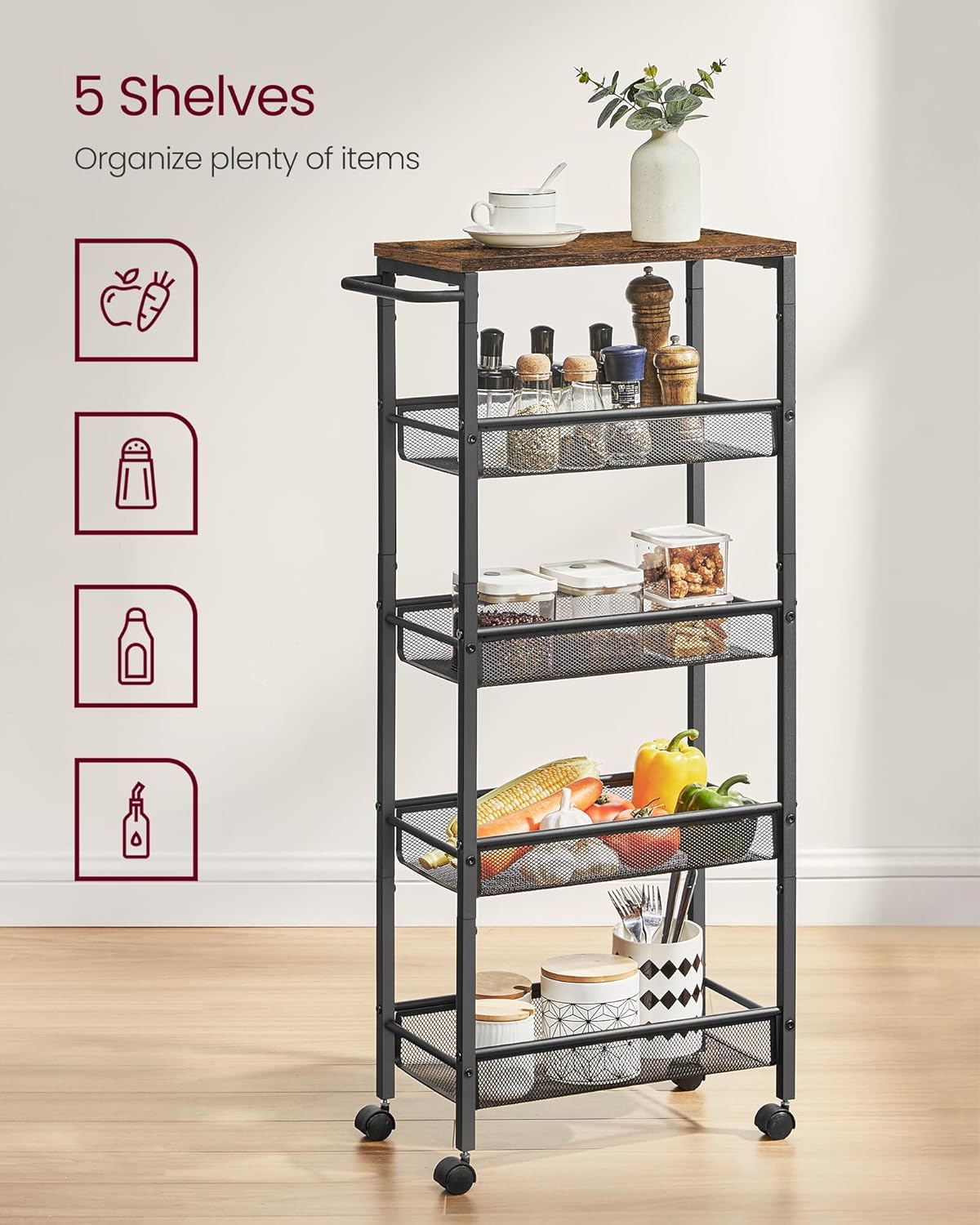 VASAGLE Slim Rolling Cart, 4-Tier Narrow Storage Cart with Handle, 5.1 Inches Deep, Metal Frame, for Kitchen, Dining Room, Living Room, Home Office, Rustic Brown and Classic Black ULRC032B01V1