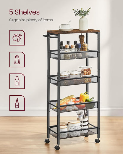 VASAGLE Slim Rolling Cart, 4-Tier Narrow Storage Cart with Handle, 5.1 Inches Deep, Metal Frame, for Kitchen, Dining Room, Living Room, Home Office, Rustic Brown and Classic Black ULRC032B01V1