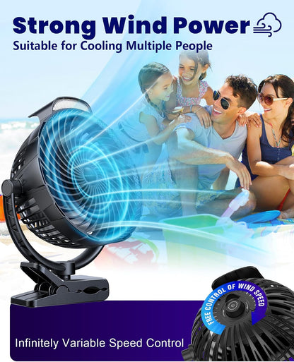 10000mAh Clip on Fan, 8-Inch Golf Cart Fan Rechargeable with LED Light, 9 Speeds Strong Airflow, Ultra Quiet, 30Hrs Runtime, 360° Rotation, Cooling for Bed Camping Office Desk Dorm, Black