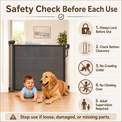 SPACEANY Retractable Safety Baby Gate or Mesh Dog Gate,Durable Portable Mesh Retractable Gate,Easy to Use for Stairs, Doorways, Hallways, Indoor, Outdoor, 33.5" Tall, Up to 45" Wide, Cream