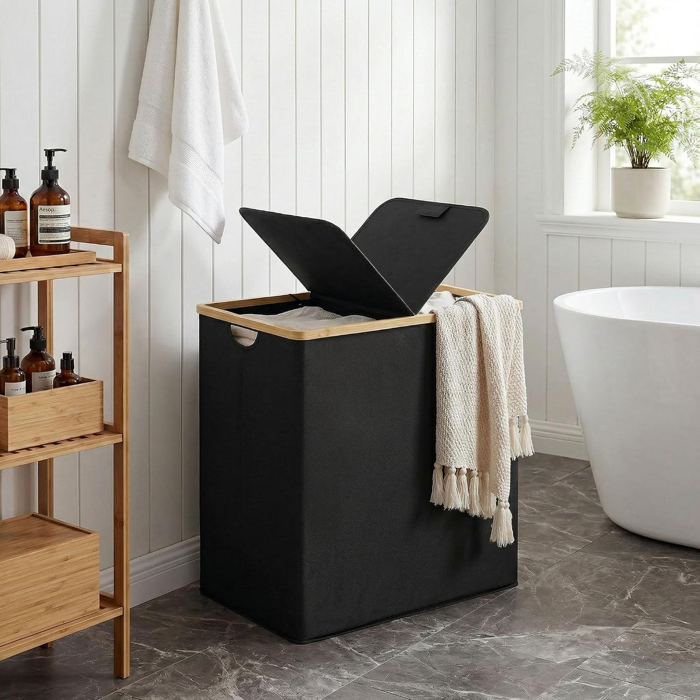 efluky Laundry Hamper with Lid, Trio Laundry Basket with 2 Removable Bags, 3 Section Laundry Bin with Bamboo Handles for Bathroom, Bedroom & Laundry Room, 160L (42.3 Gallon) Beige
