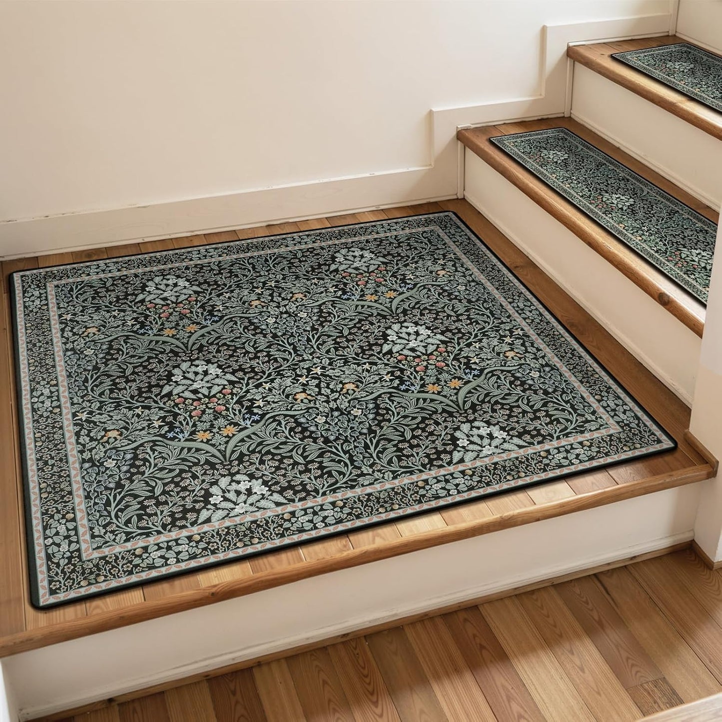 OJIA Floral Stair Treads Non-Slip Stair Runner for Wooden Steps Indoor 15PCS 30"x8" Carpet Stair Treads Stair Mats Staircase Step Treads for Kids, Elders and Dogs, Stair Covers, Black