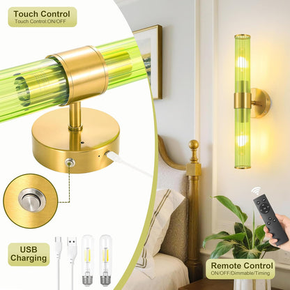 Morauroral Gold Battery Operated Wall Sconces Set of Two, Rechargeable Wall Sconce with Dimmable Remote Control, 20 Inch Wireless Sconce Wall Light for Bedroom, Living Room (Bulbs Included)