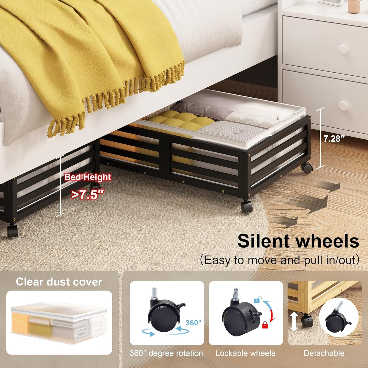 Under Bed Storage Containers With Wheels - 2 Pcs Bamboo Wood Rolling Underbed Shoe Storage Bins With Dust Bags for Clothes Blankets, Duvet Covers Snacks Toys (Natural)