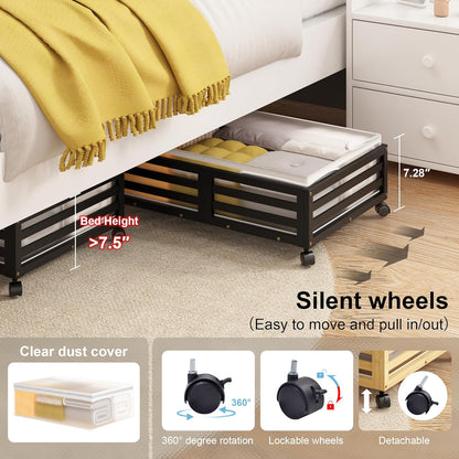 Under Bed Storage Containers With Wheels - 2 Pcs Bamboo Wood Rolling Underbed Shoe Storage Bins With Dust Bags for Clothes Blankets, Duvet Covers Snacks Toys (Natural)