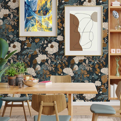 Floral Peel & Stick Wallpaper - Boho Removable Wallpaper for Bedroom & Bathroom - Black/Sand/Oliva - Easy Peel Off - Vintage - Renter Friendly - 118.1" X 17.7"