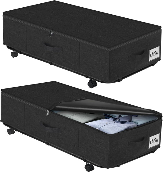 Under Bed Storage with Wheels, 2-Pack 10" Height XXL 75L Rolling Storage Bins, Quick Assembly Underbed Shoe Storage Containers with Clear Lid & Label, Dorm Under Bed Drawers for Clothes, Shoes, Black