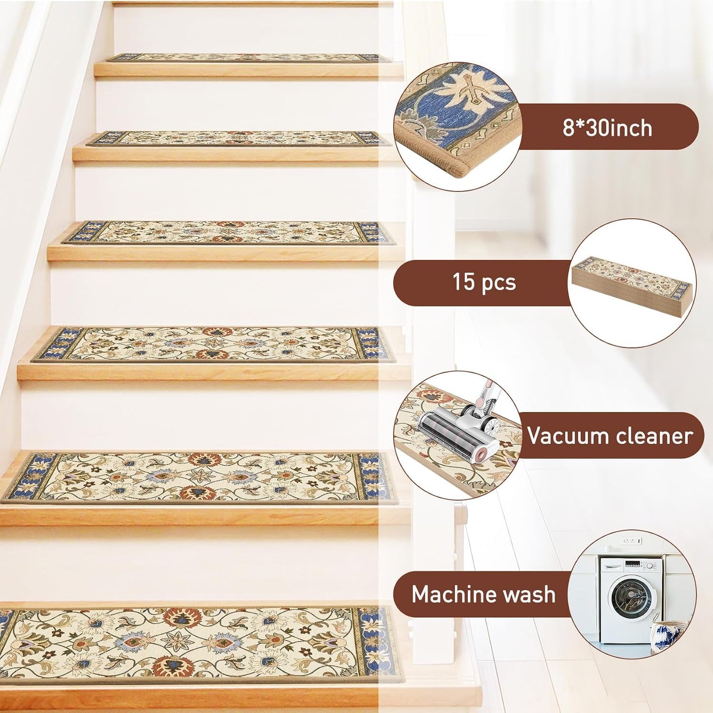 Stair Treads for Wooden Steps Indoor, 15 Pack 8" X 30" Non Slip Carpet Stair Treads with Reusable Adhesive for Kids Elders and Dogs, TPR Backing Stair Rugs Oriental Staircase Step Treads,Bohemia