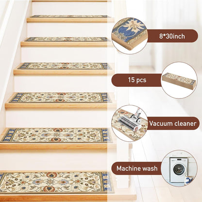 Stair Treads for Wooden Steps Indoor, 15 Pack 8" X 30" Non Slip Carpet Stair Treads with Reusable Adhesive for Kids Elders and Dogs, TPR Backing Stair Rugs Oriental Staircase Step Treads,Bohemia