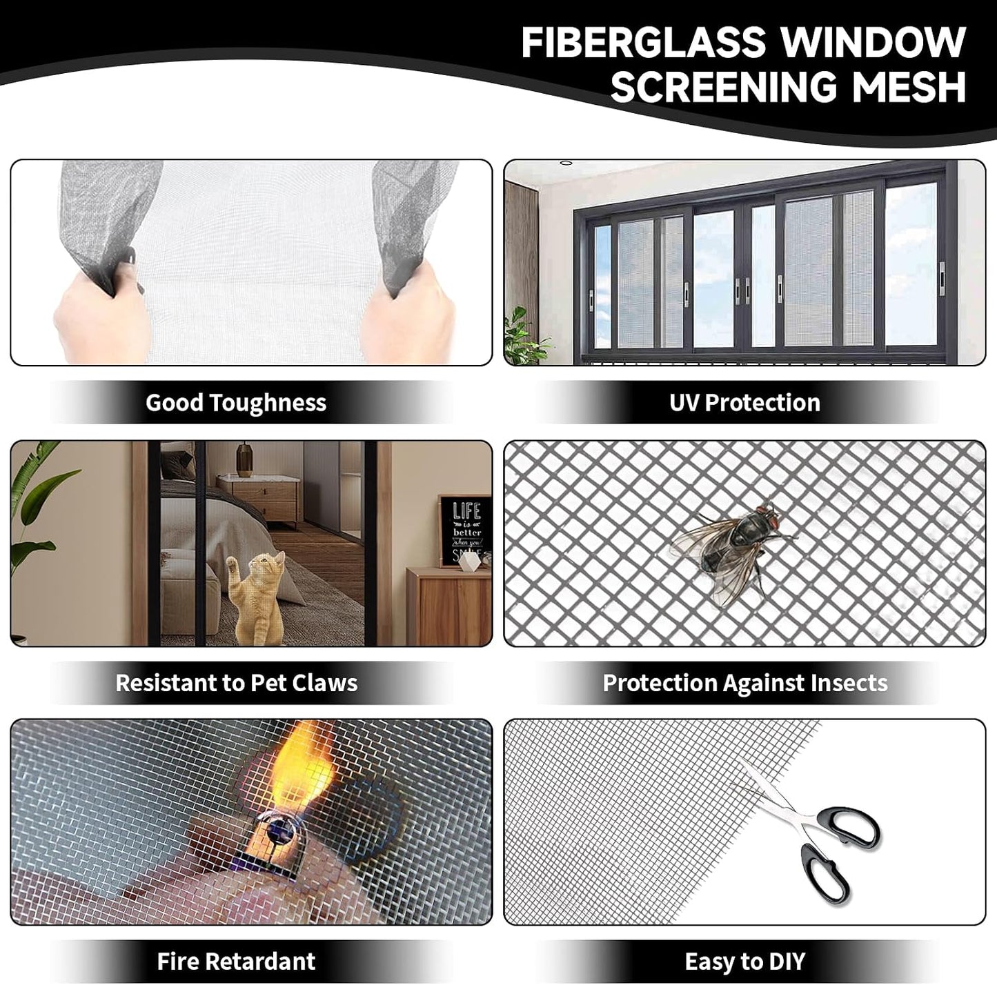 Window Screen Door Repair/Replacement Kit,48" x178" Adjustable Durable Fiberglass Window Screen Mesh,with Spline/Roller/Hook/Clips Screen Door Repair Kit,DIY Window,Porch Sliding Door(Black)