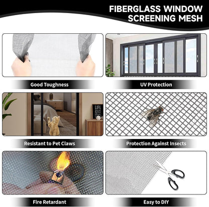 Window Screen Door Repair/Replacement Kit,48" x178" Adjustable Durable Fiberglass Window Screen Mesh,with Spline/Roller/Hook/Clips Screen Door Repair Kit,DIY Window,Porch Sliding Door(Black)