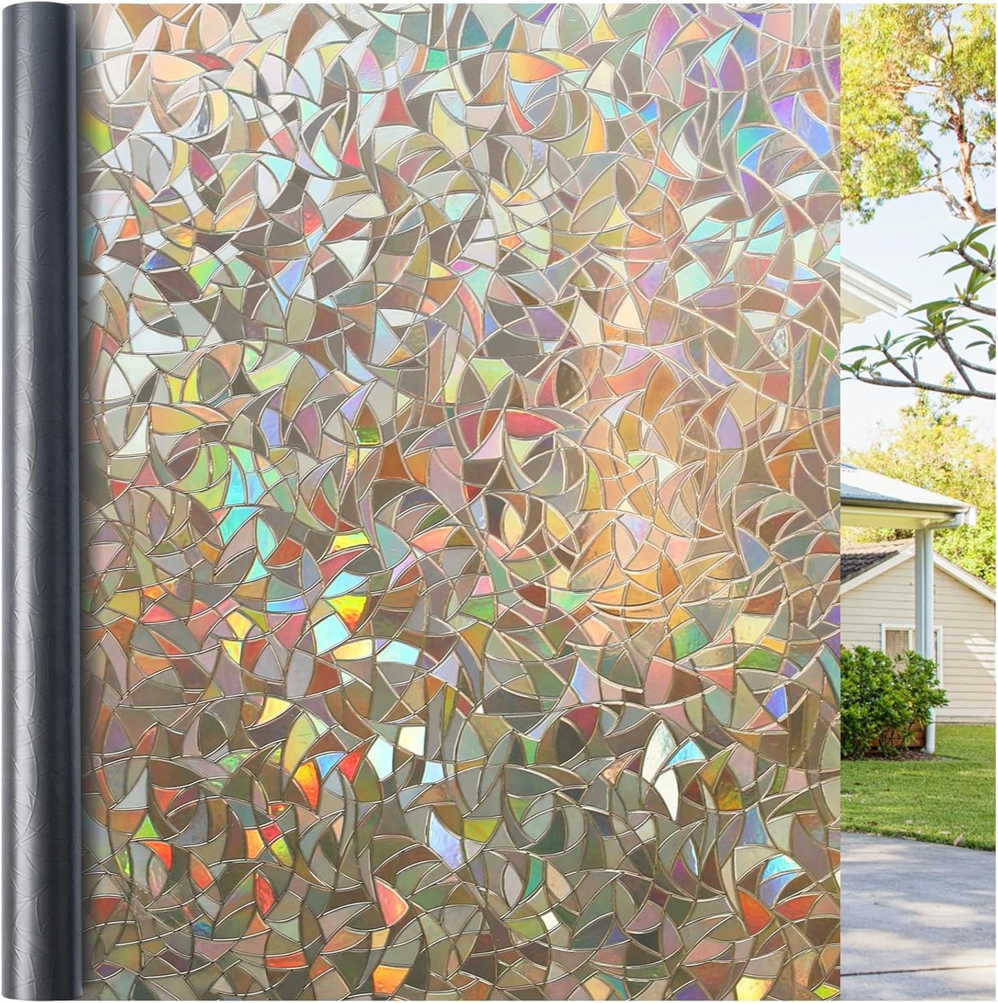 Haton Window Privacy Film, Stained Glass Rainbow Film Decorative Window Clings, Static Cling Sun Blocking Stickers Decals Coverings Tint for Home Heat Control, Non-Adhesive 17.5" x 78.7"