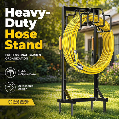 Skycarper Garden Hose Reel Holder Detachable Metal Water Hose Hanger Organizer Heavy Duty Free Standing Hose Stand (Deep Black)