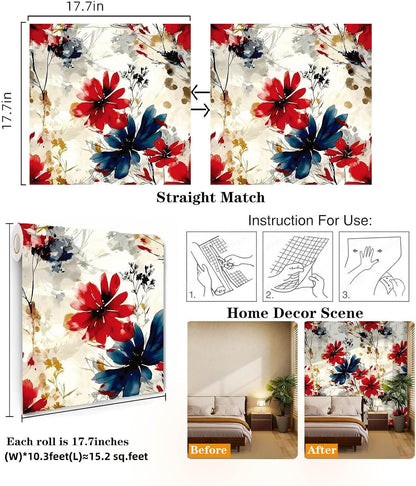 Red Watercolor Floral Peel and Stick Wallpaper Removable Self Adhesive Floral Wall Covering for Living Room Bedroom Accent Wall 17.7 x 70.8 in