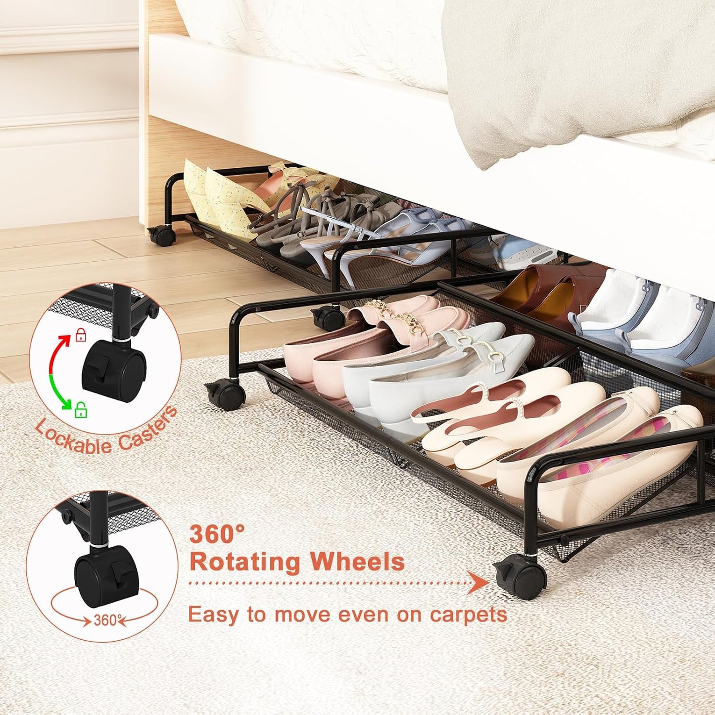 Under Bed Shoe Storage Organizer, 2 Pack Metal Mesh Under Bed Storage Containers with Wheels, Shoe Organizer Drawer Space Saving for Bedroom