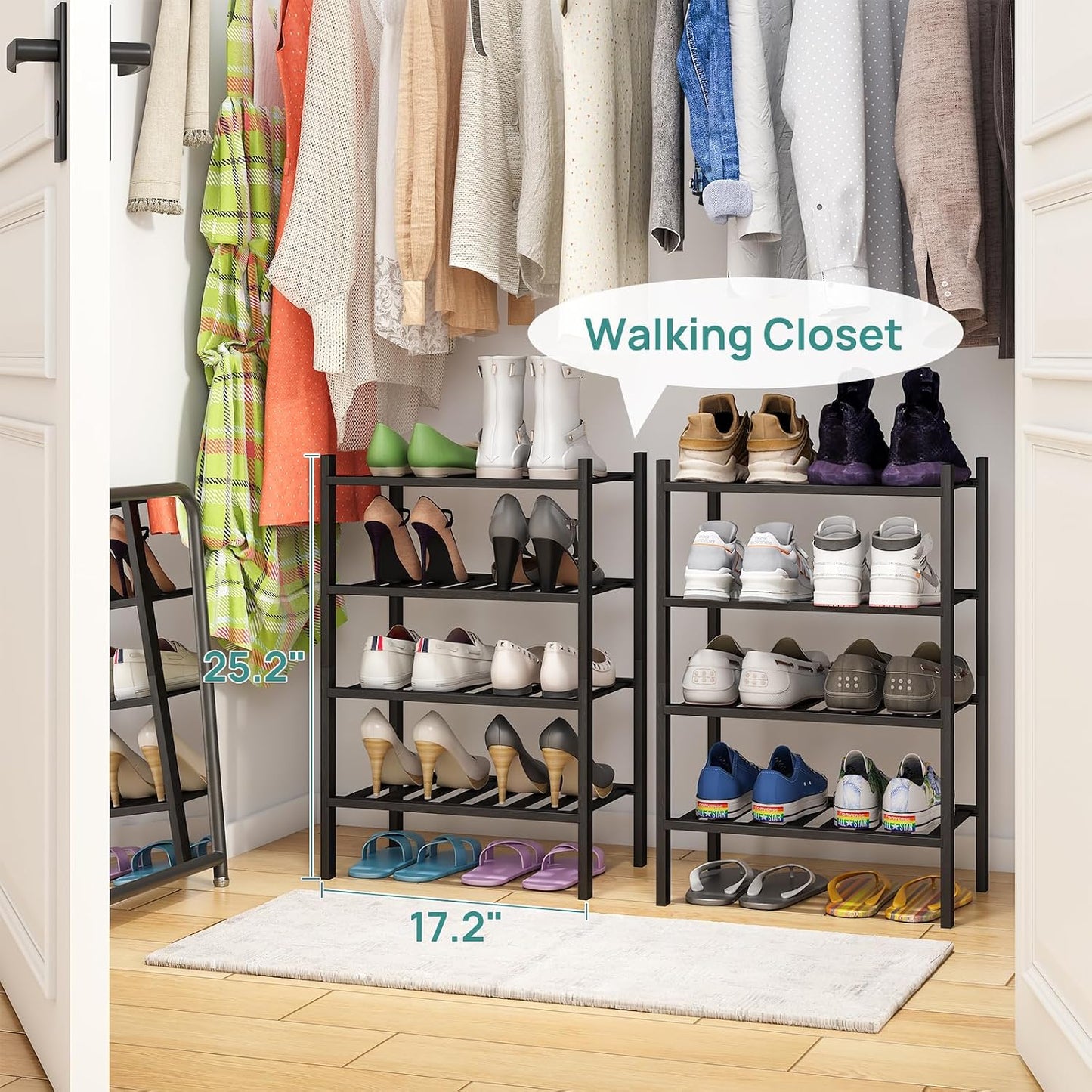 viewcare 3-Tier Black Bamboo Shoe Rack for Entryway, Stackable | Foldable | Natural, Shoe Shelf Storage Organizer for Hallway Closet, Free Standing Shoe Racks for Indoor Outdoor