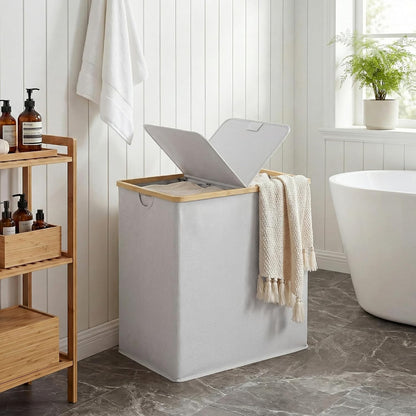 efluky Laundry Hamper with Lid, Trio Laundry Basket with 2 Removable Bags, 3 Section Laundry Bin with Bamboo Handles for Bathroom, Bedroom & Laundry Room, 160L (42.3 Gallon) Beige
