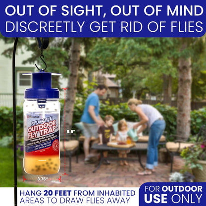 Fly Trap Outdoor Fly Traps for Patio with 2 Non-Toxic Dissolvable Bait Refills. Reusable Hanging Bug Catcher Killer for All Filth Flies for Outside Bug Control Yard Ranch. Hanging Chains Included.