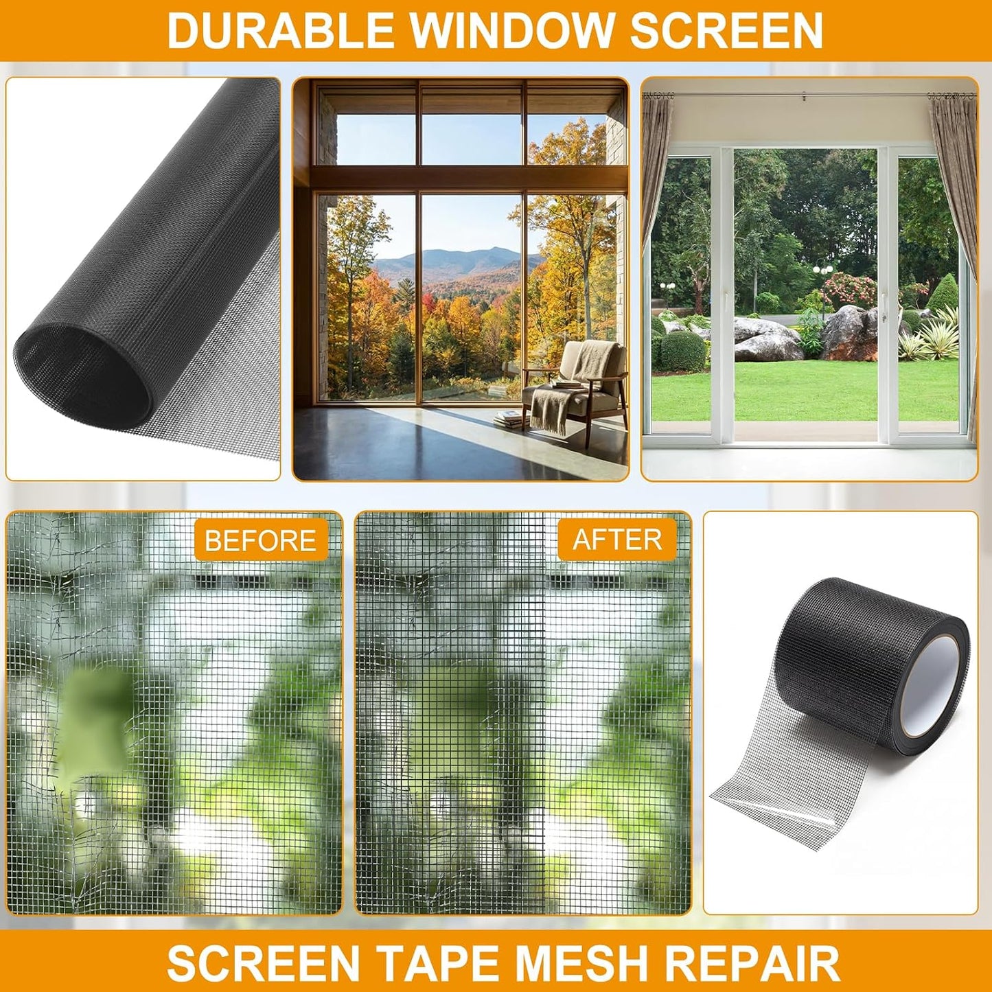 18 Pcs 48"x118" Window Screen Repair Kit Included 2 Rolls Fiberglass Mesh 4"x30ft Screen Repair Tape 8 Clips with Spline, Double Wheel Roller, Hook, Measuring Tape, and Cutter for Door Window