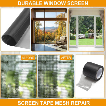 18 Pcs 48"x118" Window Screen Repair Kit Included 2 Rolls Fiberglass Mesh 4"x30ft Screen Repair Tape 8 Clips with Spline, Double Wheel Roller, Hook, Measuring Tape, and Cutter for Door Window