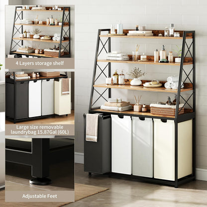 Herture Laundry Basket, 3 Section Laundry Hamper with 4 Tiers Shelf, Pull-Out and Removable Laundry Bags, Large 3 x 15.87 Gallons, for Laundry Room Bathroom Rustic Brown PF05XLN