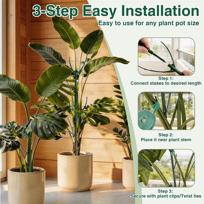 26Pcs Plant Support Combo, 5Pcs Stackable Monstera Plant Stakes Trellis+ 20Pcs Garden Clips + 1Pcs Ties, Moss Pole Alternative for Indoor Outdoor Climbing Vines Houseplants