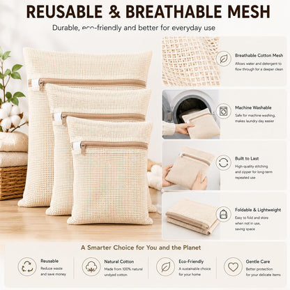 6-Pack Laundry Bags, Durable Cotton Mesh with Sturdy Zipper, Breathable Mesh Fabric, Ideal for Washing Underwear, Pants, Shoes, Socks and Delicate Garments
